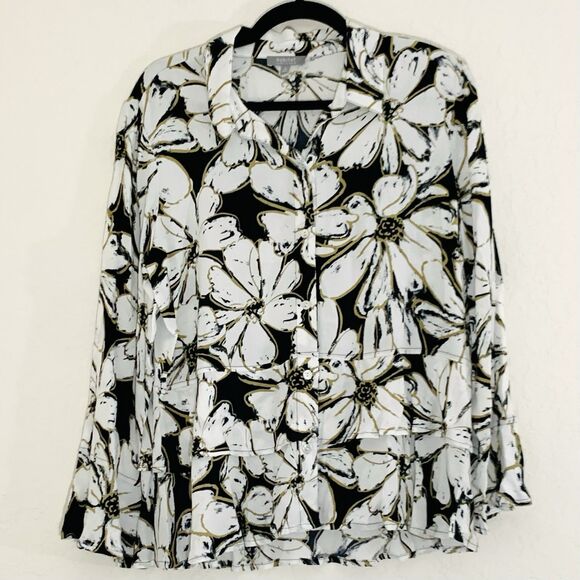 Habitat Blouse Women M White Black Floral Button Up Artsy Feminine Career Office - Picture 1 of 10